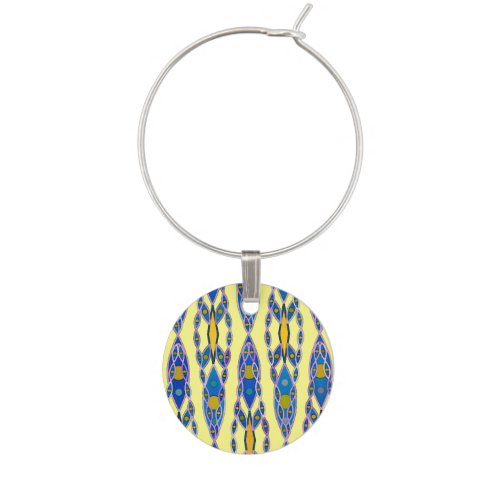 Tribal Batik _ Steel Blue Grey and Yellow Wine Glass Charm