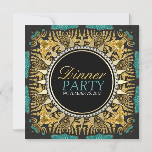 Tribal Batik Teal Gold Black Dinner Party Invitation (Front)