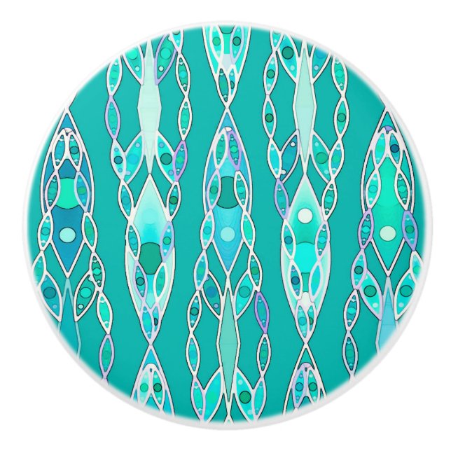 Tribal Batik - Turquoise and Aquamarine Ceramic Knob (Front)