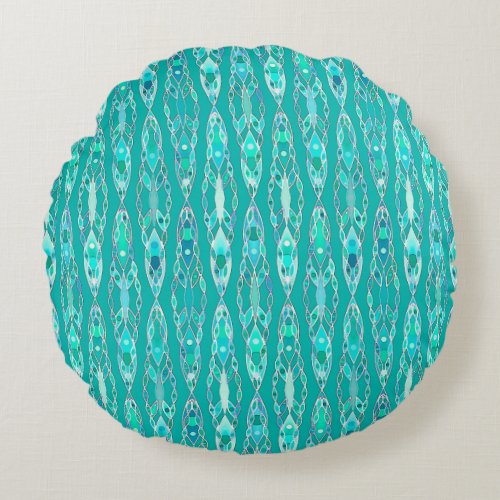 Tribal Batik _ Turquoise and Aquamarine Round Pillow