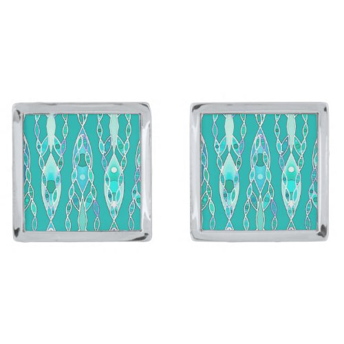 Tribal Batik _ Turquoise and Aquamarine Silver Cufflinks