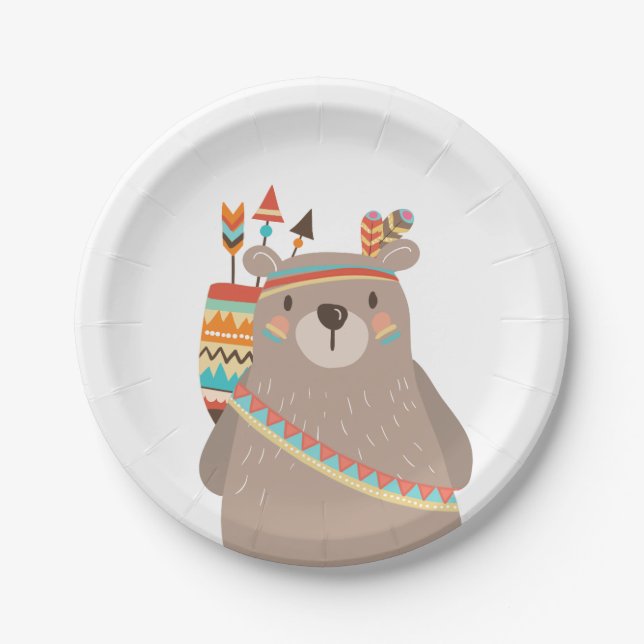 Tribal Bear Paper Plates Wild one Woodland Boho (Front)