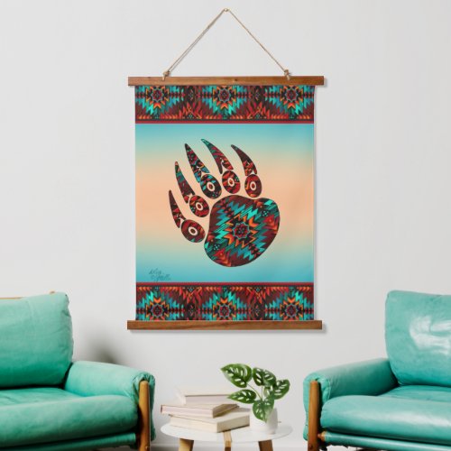 Tribal Bear Paw Wood Topped Wall Tapestry