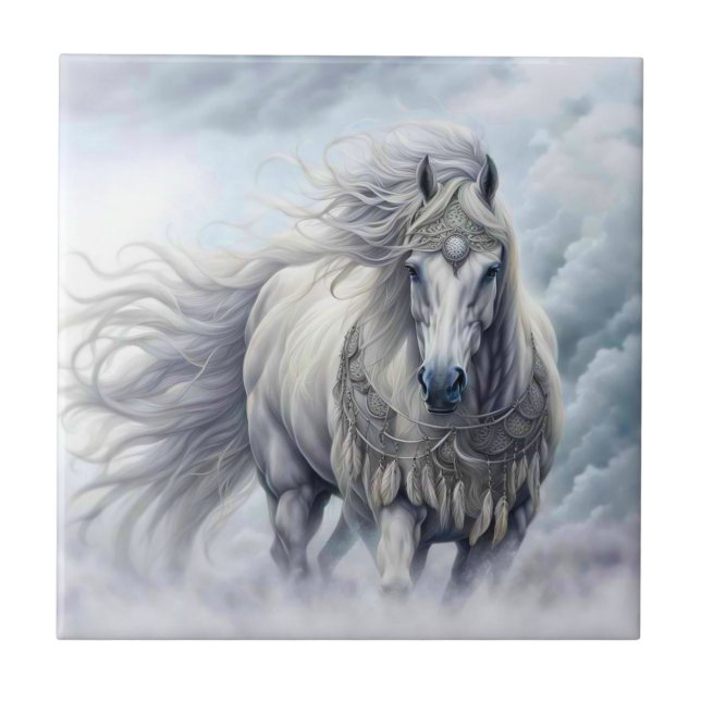 Tribal Beautiful White Horse Ceramic Tile (Front)