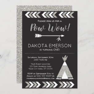 Tribal Birthday Invitation   Black, Silver Pow Wow