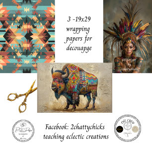 Tribal Bison Indian Geometric Southwestern Art Wrapping Paper Sheets