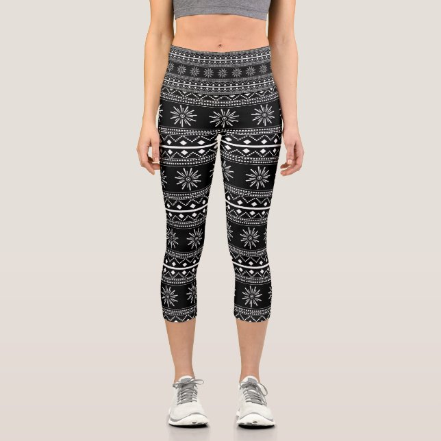 Tribal Black and White Geometrical Floral Capri Leggings (Front)