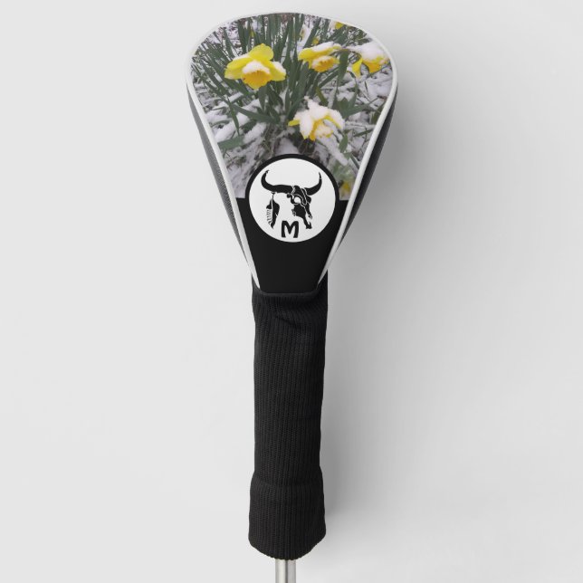 Tribal Black Bull Skull Silhouette Monogram Photo Golf Head Cover (Front)