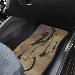 Tribal Black Dragon Silhouette Stone Fantasy Car Floor Mat