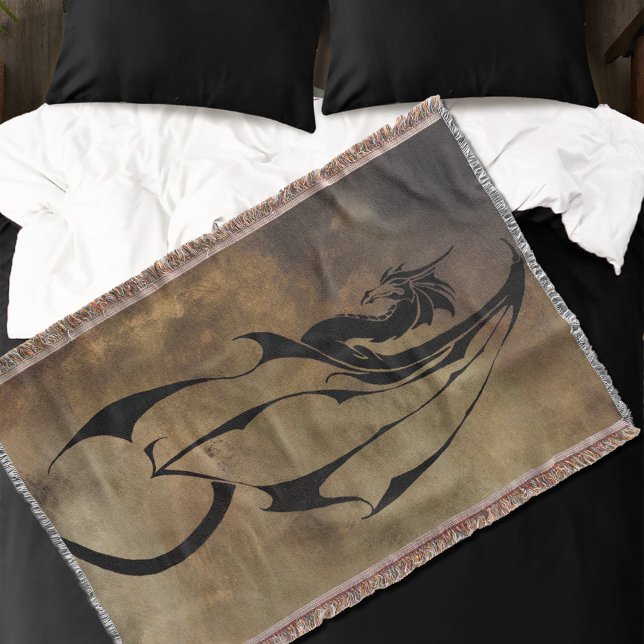 Tribal Black Dragon Silhouette Stone Fantasy Throw Blanket (Creator Uploaded)