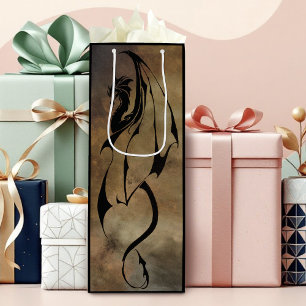 Tribal Black Dragon Silhouette Stone Fantasy Wine Gift Bag