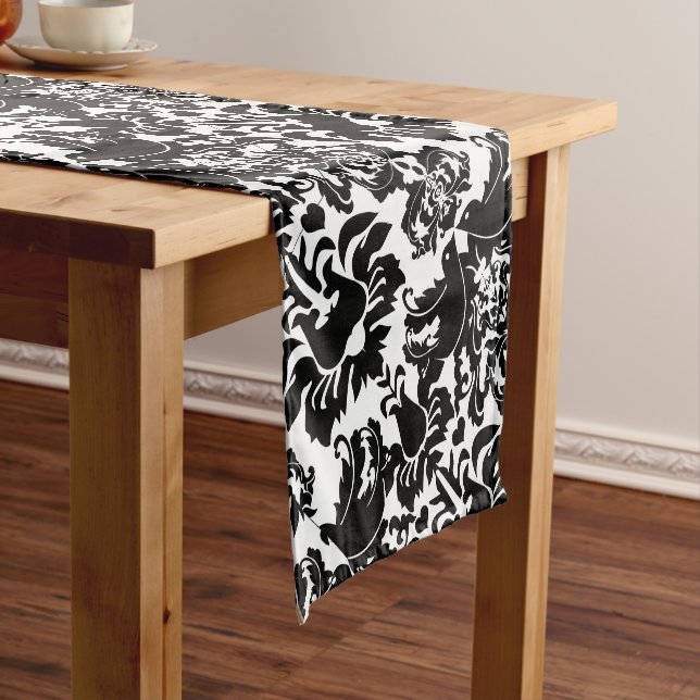 Tribal Black Love Bird Damask Pattern Short Table Runner (In Situ)