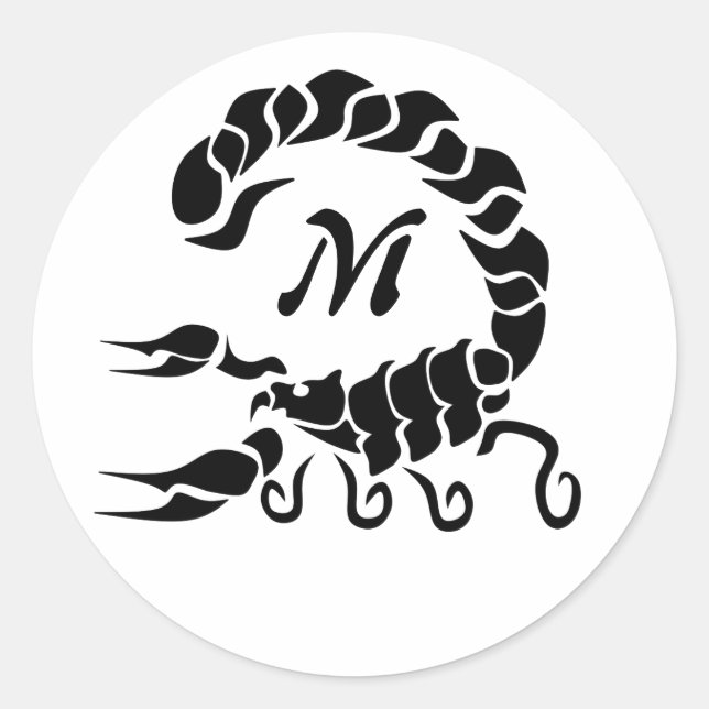 Tribal Black Scorpion Monogram Classic Round Sticker (Front)