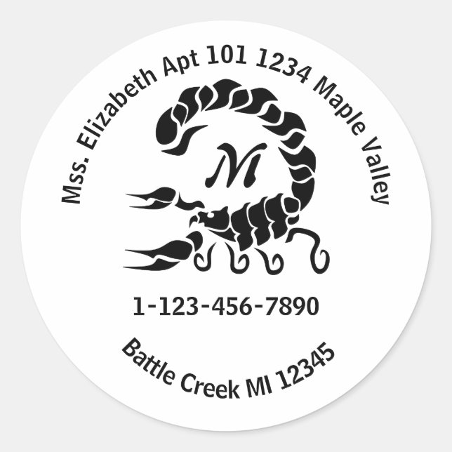Tribal Black Scorpion Monogram Home Contact Info K Classic Round Sticker (Front)