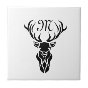 Tribal Black Stag Silhouette Monogram Ceramic Tile