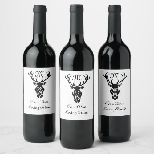 Tribal Black Stag Silhouette Monogram Wine Label