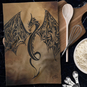 Tribal Black Stone Fantasy Dragon Kitchen Towel