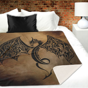 Tribal Black Stone Fantasy Dragon Sherpa Blanket