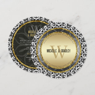 Tribal Black White & Gold Round Wedding Invitation