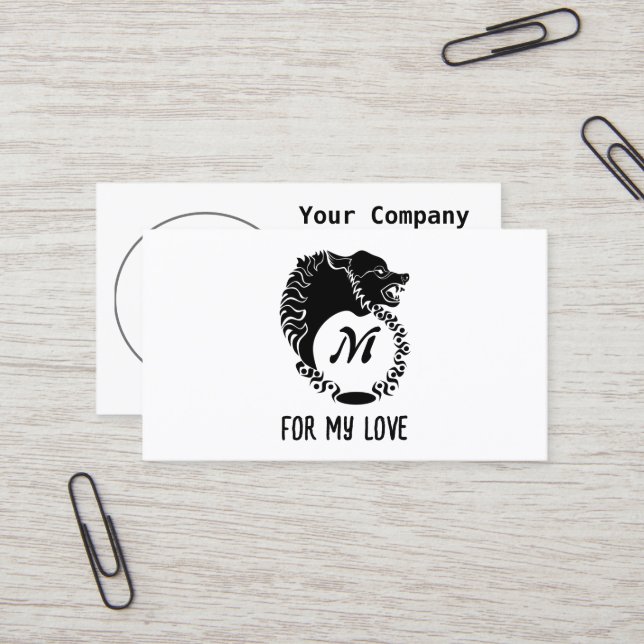 Tribal Black Wolf Head Silhouette Laurel Monogram Business Card (Front/Back In Situ)