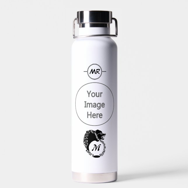 Tribal Black Wolf Head Silhouette Laurel Monogram Water Bottle (Back)