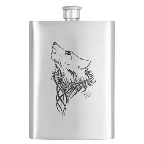 Tribal Black Wolf Howl Hip Flask