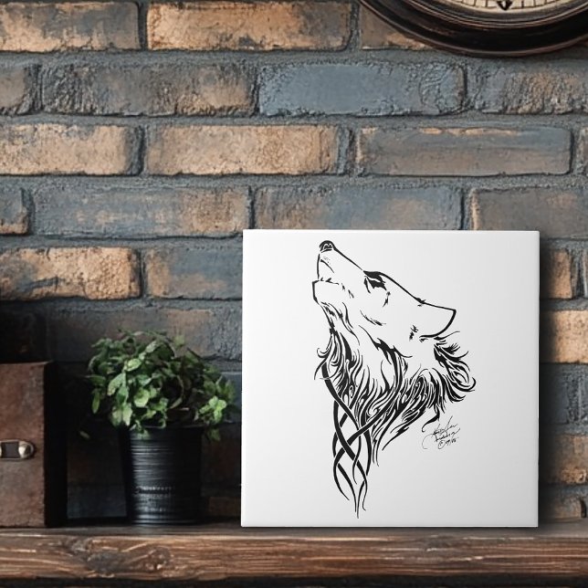 Tribal Black Wolf Howling Illustration Ink Ceramic Tile (Creator Uploaded)