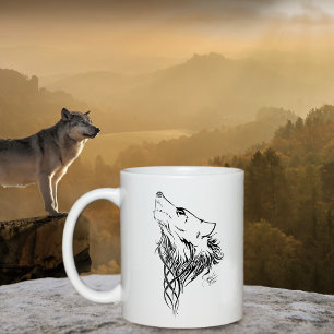 Tribal Black Wolf Howling Illustration Ink Coffee Mug