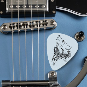 Tribal Black Wolf Howling Illustration Ink  Guitar Pick