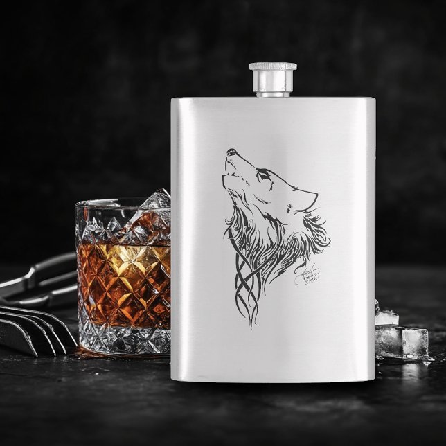 Tribal Black Wolf Howling Illustration Ink Hip Flask (Creator Uploaded)