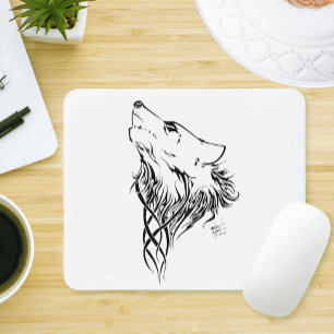 Tribal Black Wolf Howling Illustration Ink Mouse Pad