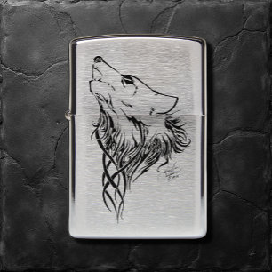 Tribal Black Wolf Howling Illustration Ink Zippo Lighter