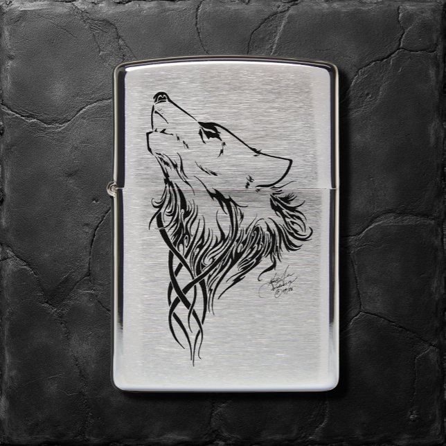 Tribal Black Wolf Howling Illustration Ink Zippo Lighter (Creator Uploaded)