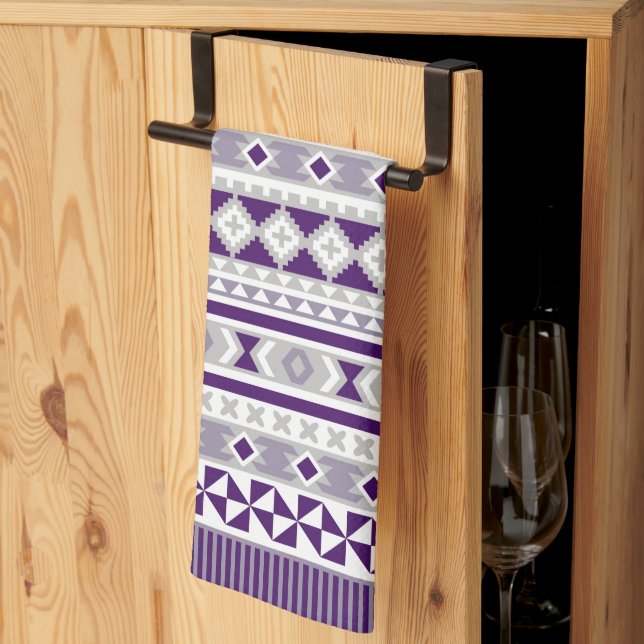 Tribal Blanket Pattern Purple Grey Kitchen Towel (Thirds Fold)