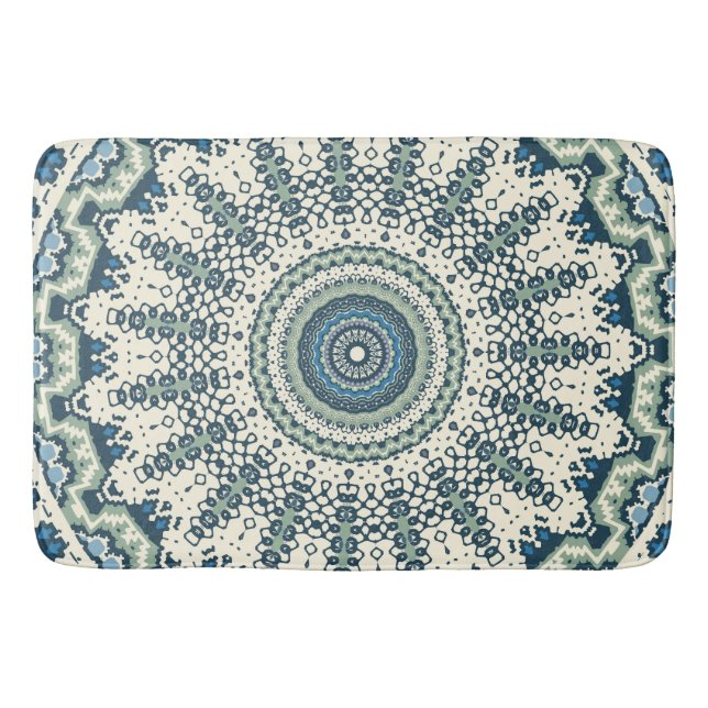 Tribal Blue Green Mandala Bath Mat (Front)