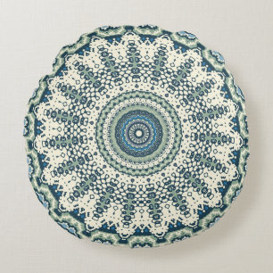Tribal Blue Green Mandala Round Pillow