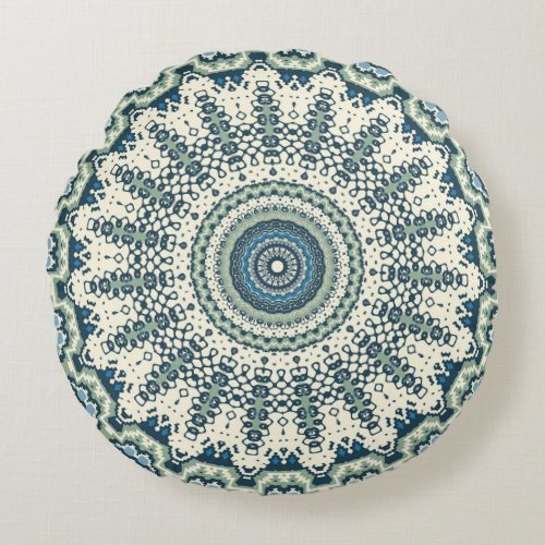 Tribal Blue Green Mandala Round Pillow