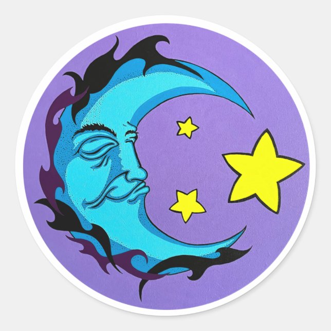 Tribal Blue Moon with Three Yellow stars Classic Round Sticker (Front)