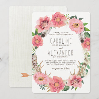 Tribal Bohemian Floral Wreath Wedding Invitations