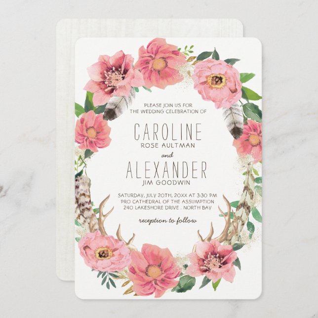 Tribal Bohemian Floral Wreath Wedding Invitations (Front/Back)
