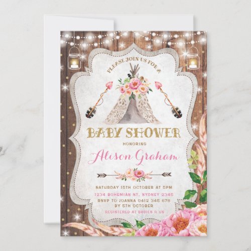 Tribal Boho Baby Shower Invitation Floral Teepee