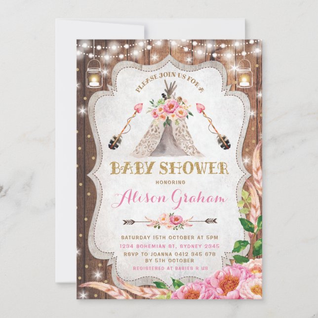 Tribal Boho Baby Shower Invitation Floral Teepee (Front)