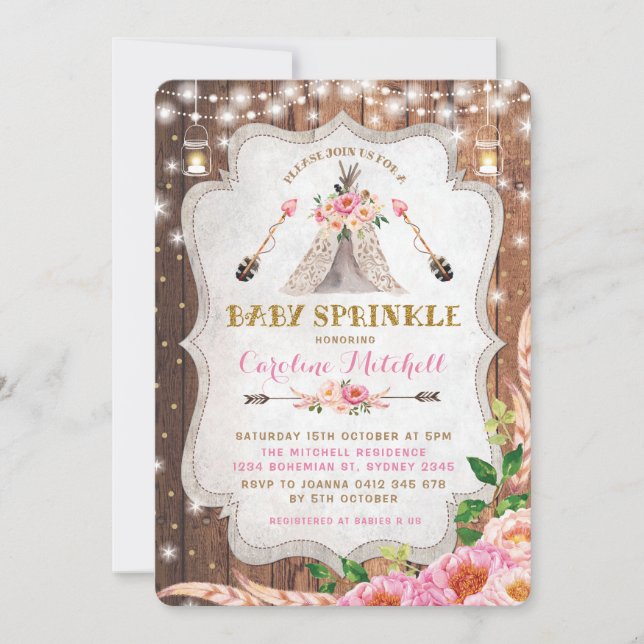 Tribal Boho Baby Sprinkle Invite Pink Floral Tipi (Front)