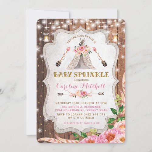 Tribal Boho Baby Sprinkle Invite Pink Floral Tipi