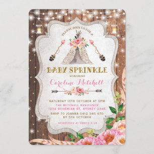 Tribal Boho Baby Sprinkle Invite Pink Floral Tipi