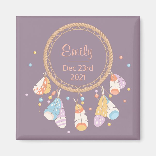 Tribal Boho Dreamcatcher New Baby Keepsake Purple Magnet (Front)