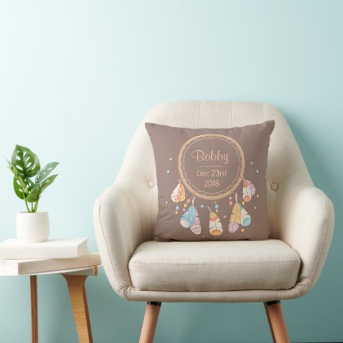 Tribal Boho Dreamcatcher New Baby Keepsake Throw Pillow