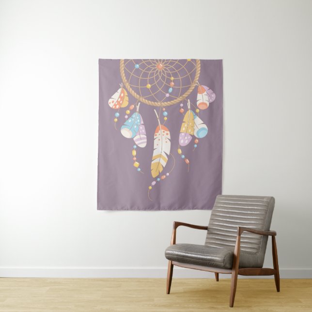 Tribal Boho Dreamcatcher on Purple Tapestry (In Situ)