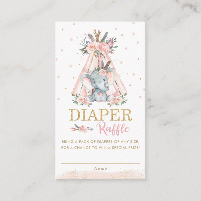 Tribal Boho Elephant Floral Diaper Raffle Ticket  Enclosure Card (Front)
