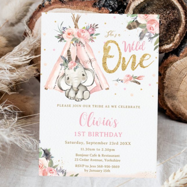 Tribal Boho Elephant Pink Wild One 1st Birthday Invitation (Creator Uploaded)